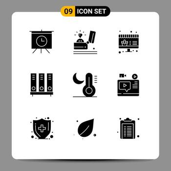 paquete de glifos sólidos de 9 símbolos universales de archivos de luna datos de documentos en línea elementos de diseño de vectores editables