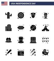 Big Pack of 16 USA Happy Independence Day USA Vector Solid Glyphs and Editable Symbols of american building man soda cola Editable USA Day Vector Design Elements