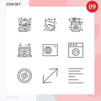 Mobile Interface Outline Set of 9 Pictograms of video learning tree internet jar Editable Vector Design Elements