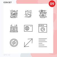 Mobile Interface Outline Set of 9 Pictograms of video learning tree internet jar Editable Vector Design Elements