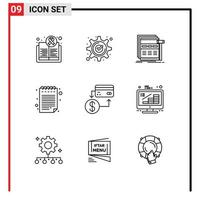 Group of 9 Outlines Signs and Symbols for accounting note gear wireframe web Editable Vector Design Elements