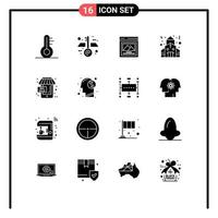 Set of 16 Vector Solid Glyphs on Grid for meditation online picture commerce sale Editable Vector Design Elements