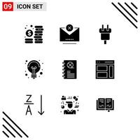 Modern Set of 9 Solid Glyphs Pictograph of cinema light charge science power Editable Vector Design Elements