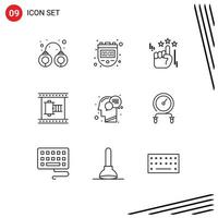 Modern Set of 9 Outlines Pictograph of head movie strip hand movie reel film Editable Vector Design Elements