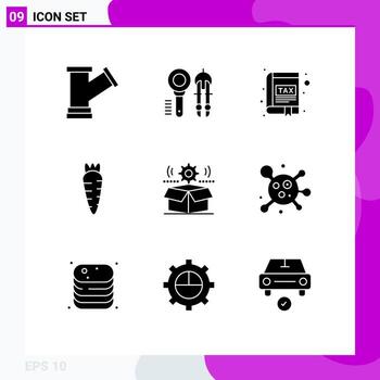 Pack of 9 Modern Solid Glyphs Signs and Symbols for Web Print Media such as box food geometry carrot interface Editable Vector Design Elements