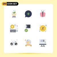 Mobile Interface Flat Color Set of 9 Pictograms of lock economy plus laptop nature Editable Vector Design Elements