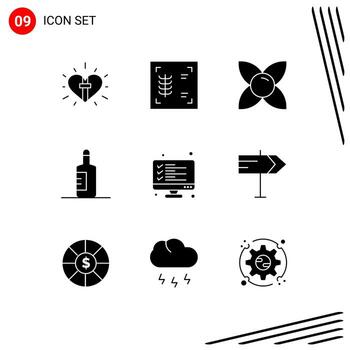 Mobile Interface Solid Glyph Set of 9 Pictograms of data checklist bloom beach bottle Editable Vector Design Elements