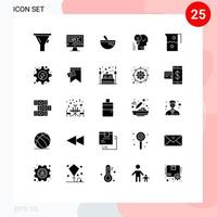 25 User Interface Solid Glyph Pack of modern Signs and Symbols of power mind bowl lightbulb brain Editable Vector Design Elements