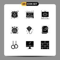 Set of 9 Vector Solid Glyphs on Grid for flying time game pulse beat Editable Vector Design Elements