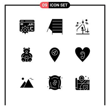 conjunto de glifos sólidos de interfaz móvil de 9 pictogramas de puntero de corazón mapa gráfico boda elementos de diseño vectorial editables vector