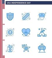 Pack of 9 creative USA Independence Day related Blues of american heart officer badge celebration Editable USA Day Vector Design Elements