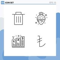 Mobile Interface Line Set of 4 Pictograms of delete chart user strawberry processing Editable Vector Design Elements