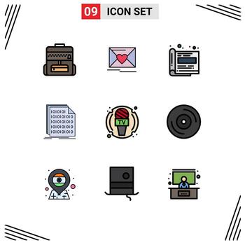 paquete de 9 modernos signos y símbolos de colores planos de línea rellena para medios de impresión web, como elementos de diseño de vectores editables de códigos de datos de revistas de documentos de periodistas