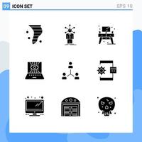 Group of 9 Modern Solid Glyphs Set for technic computer sciences personality applied science screen Editable Vector Design Elements