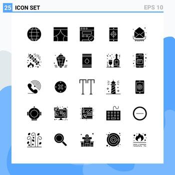 Solid Glyph Pack of 25 Universal Symbols of letter target window mobile application application Editable Vector Design Elements
