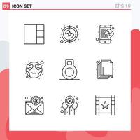 Universal Icon Symbols Group of 9 Modern Outlines of layer dumbbell business smiley heart Editable Vector Design Elements