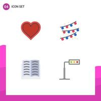 Group of 4 Modern Flat Icons Set for heart book favorite party decoration wreath Editable Vector Design Elements