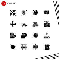 Modern Set of 16 Solid Glyphs and symbols such as transportation cross wrench wellness construction and tools speaker Editable Vector Design Elements