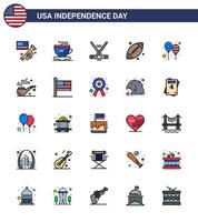 Set of 25 Vector Flat Filled Lines on 4th July USA Independence Day such as day balloons ice sport usa footbal Editable USA Day Vector Design Elements