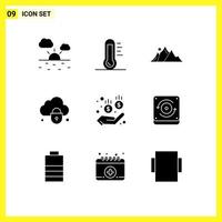 Modern Set of 9 Solid Glyphs Pictograph of medical lock hill cloud sun Editable Vector Design Elements