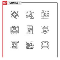 Pack of 9 Modern Outlines Signs and Symbols for Web Print Media such as search optimization job skills media growth Editable Vector Design Elements