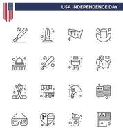 Editable Vector Line Pack of USA Day 16 Simple Lines of capitol cap usa american united Editable USA Day Vector Design Elements