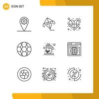 9 User Interface Outline Pack of modern Signs and Symbols of infusion green tea heart sport football Editable Vector Design Elements