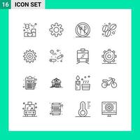 Modern Set of 16 Outlines Pictograph of wheel gear eating food bean Editable Vector Design Elements