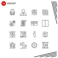 Pack of 16 creative Outlines of objectives settings pollution gears travelling Editable Vector Design Elements