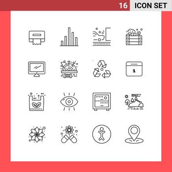Outline Pack of 16 Universal Symbols of device computer road farming apples Editable Vector Design Elements