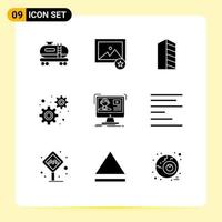 Group of 9 Solid Glyphs Signs and Symbols for online video house tutorials gears Editable Vector Design Elements