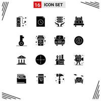 Modern Set of 16 Solid Glyphs and symbols such as password key server hosting travel transport Editable Vector Design Elements