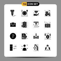 Universal Icon Symbols Group of 16 Modern Solid Glyphs of suitcase tractor hand farm agriculture Editable Vector Design Elements