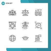 Mobile Interface Outline Set of 9 Pictograms of growth presentation scale graphic watch Editable Vector Design Elements