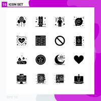 Mobile Interface Solid Glyph Set of 16 Pictograms of heart food fluorescent fast food setting Editable Vector Design Elements