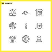 Pack of 9 Modern Outlines Signs and Symbols for Web Print Media such as ui app advertisement world globe Editable Vector Design Elements