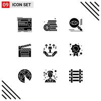 Mobile Interface Solid Glyph Set of 9 Pictograms of film cut money movie view Editable Vector Design Elements