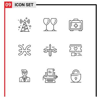 Universal Icon Symbols Group of 9 Modern Outlines of toolings computing health bag cloud pisces Editable Vector Design Elements