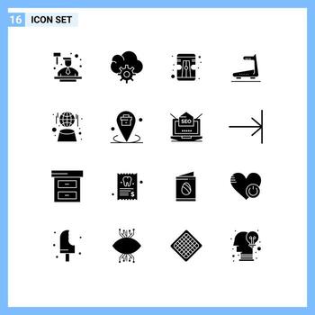 paquete de 16 glifos sólidos creativos de elementos de diseño de vector editables de pista digital de afilador de globo de red