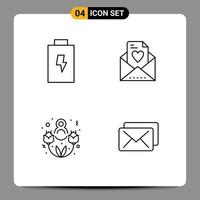 Mobile Interface Line Set of 4 Pictograms of battery business email eight march message Editable Vector Design Elements