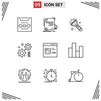 Group of 9 Modern Outlines Set for css code agreement gear cogwheel Editable Vector Design Elements