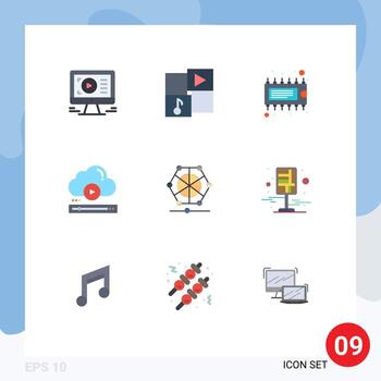 paquete de 9 signos y símbolos de colores planos modernos para medios de impresión web, como elementos de diseño de vectores editables de video del reproductor de componentes de la nube de la máquina