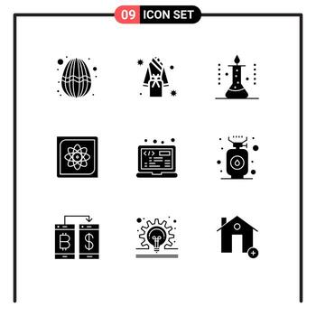 conjunto de 9 paquetes comerciales de glifos sólidos para elementos de diseño de vectores editables para experimentos de ciencia computacional de spa de computadora de datos