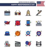 feliz día de la independencia 16 líneas planas rellenas paquete de iconos para web e impresión acción de gracias edificio americano usa bat elementos de diseño vectorial editables del día de usa vector