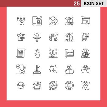 Set of 25 Commercial Lines pack for folder verified duplicate security globe Editable Vector Design Elements