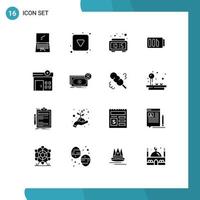 Set of 16 Vector Solid Glyphs on Grid for medical electricity full battery time Editable Vector Design Elements