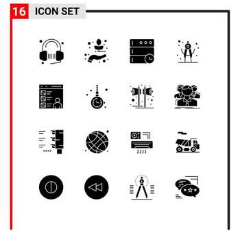 paquete de 16 signos y símbolos de glifos sólidos modernos para medios de impresión web, como elementos de diseño de vectores editables de divisores escolares de biología de aplicaciones de codificación