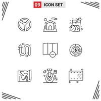 User Interface Pack of 9 Basic Outlines of map left up apple up arrow Editable Vector Design Elements