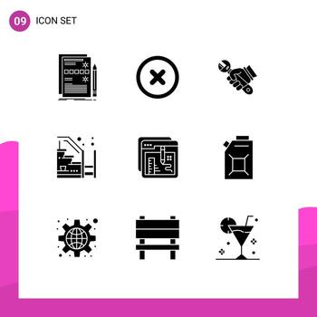 Group of 9 Modern Solid Glyphs Set for property stairs wrench progress hand Editable Vector Design Elements
