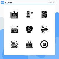 Group of 9 Solid Glyphs Signs and Symbols for setting control loud brain photo Editable Vector Design Elements